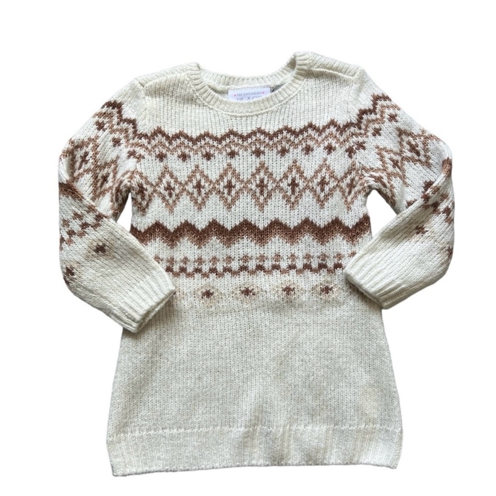 The Children’s Place Fairisle Neutral Cream Brown Sweater Dress | 12-18M